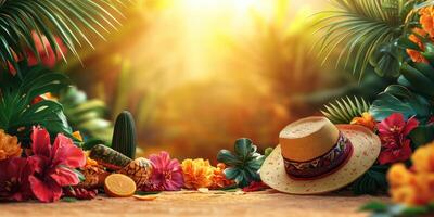 Vibrant tropical setting with a straw hat and colorful flowers at sunset in a lush garden photo