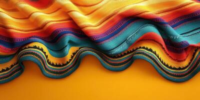 Colorful woven textile with vibrant patterns and intricate designs displayed on a bright yellow background photo