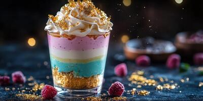 Colorful dessert layered with raspberry, whipped cream, and gold sprinkles served in a glass at a festive occasion photo