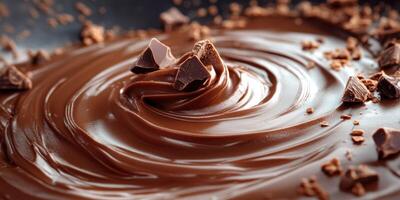 Rich chocolate swirling with chunks, creating a decadent dessert preparation in a kitchen environment photo