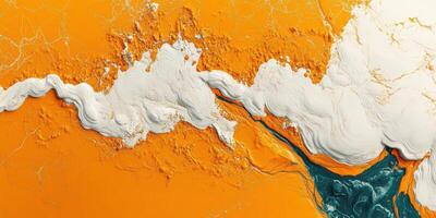 Unique abstract artwork blending vivid orange hues with textured white patterns showcasing fluid movement and natural forms photo
