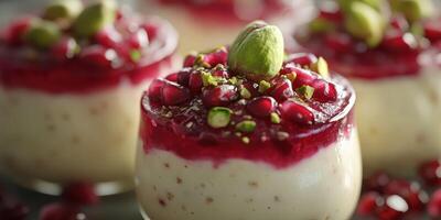 Delicious dessert cups topped with pomegranate seeds and pistachios in a cozy kitchen setting photo