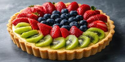 Fresh fruit tart with strawberries, blueberries, kiwi and green apples on a gray background photo