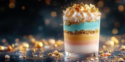 Dessert in a glass showcases layers of blue, orange, and white with golden accents, creating an eye-catching treat for celebrations photo