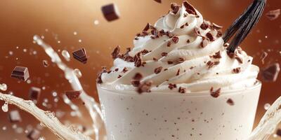 Delicious dessert with whipped cream and chocolate flakes splashing against a warm brown background photo