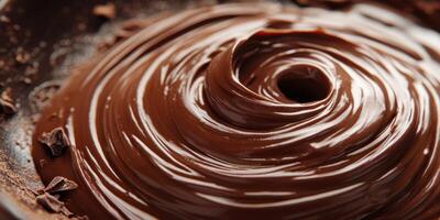 Melted chocolate swirling in a bowl with textured surface and hints of cocoa photo