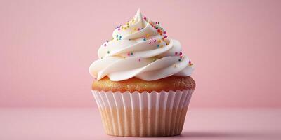 Delicious cupcake with swirls of frosting and colorful sprinkles on a pastel pink background photo
