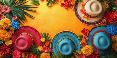 Colorful sombreros surrounded by vibrant flowers create a festive atmosphere for a celebration photo