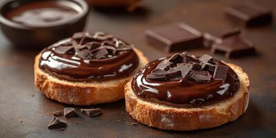 Sweet chocolate spread on toast with dark chocolate chunks in a cozy kitchen setting photo