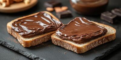 Chocolate spread generously applied on slices of whole grain bread with chocolate pieces and nuts in the background photo
