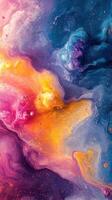 Colorful abstract swirl of pink, blue and yellow tones resembling a cosmic scene in a vibrant artistic composition photo