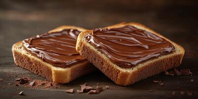 Delicious slices of bread topped with rich chocolate spread on wooden surface photo