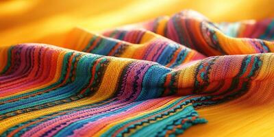 Vibrant woven fabric showcasing intricate patterns in bright colors displayed on a wooden surface under natural light photo