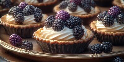Delicious blackberry tarts displayed on a wooden tray at a bakery during a sunny afternoon photo