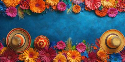 Colorful floral arrangement and sombreros create a festive atmosphere for celebrations and events photo