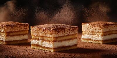 Delicious dessert slices arranged on a rustic surface with cocoa dust photo