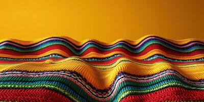 Colorful woven fabric with vibrant patterns creating waves against a golden backdrop photo