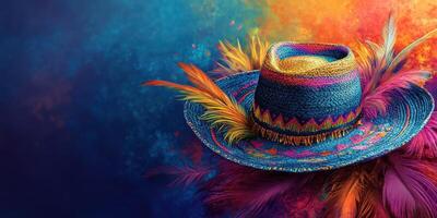 Colorful sombrero adorned with feathers against a vibrant background in an artistic display photo
