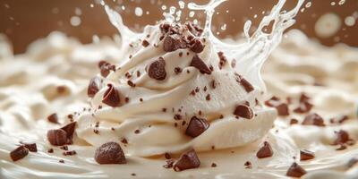 Creamy whipped topping with chocolate chips splashes in dessert setting capturing the essence of indulgence and flavor experimentation photo