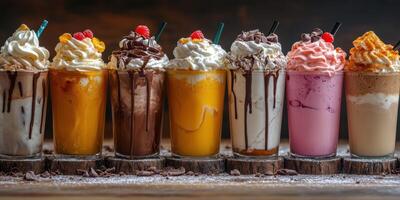 Variety of colorful milkshakes arranged on a wooden table at a dessert shop during a sunny afternoon photo