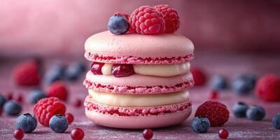 Delicious pink macarons stacked with fresh berries on a decorative surface during a mid-afternoon gathering photo