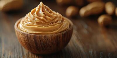 Creamy peanut butter in a wooden bowl with peanuts scattered in the background and natural light enhancing the texture photo