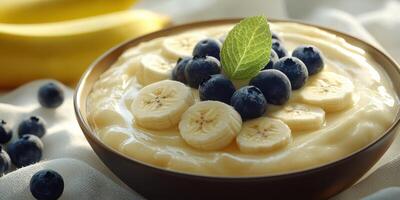 Delicious bowl of creamy yogurt topped with fresh bananas and blueberries in a cozy kitchen setting photo