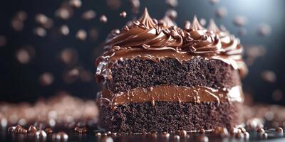Delicious chocolate cake with rich frosting and sprinkles displayed against a dark background photo