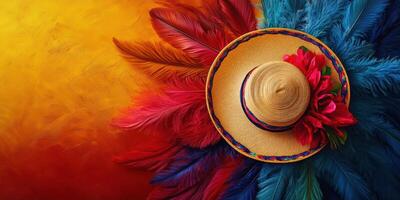 Colorful sombrero adorned with vibrant feathers on a warm gradient background photo