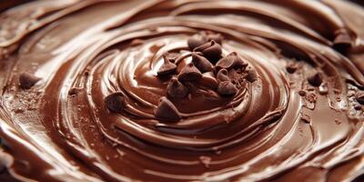 Rich chocolate swirl with chocolate chips captured in a close-up display of texture and color photo