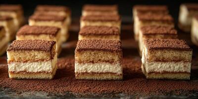 Delicious tiramisu squares arranged neatly on a dark surface for a dessert display at a baking event photo