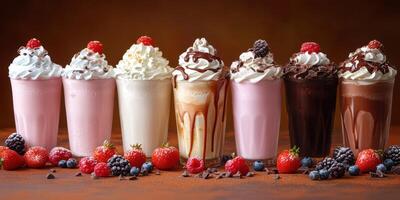 Variety of milkshakes topped with whipped cream and fresh berries at a dessert shop photo