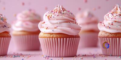Deliciously decorated cupcakes with pink frosting and colorful sprinkles on a pastel background photo