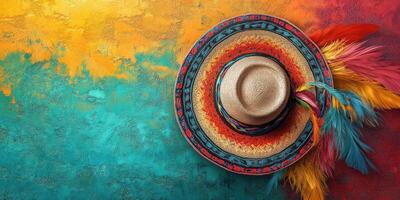 Colorful traditional hat with feathers resting on vibrant abstract background in a festive setting photo