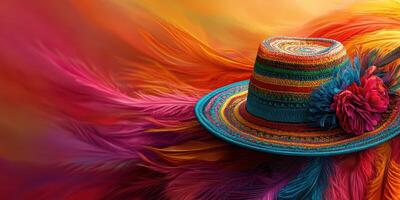 Colorful hat adorned with vibrant feathers and flowers placed against a warm gradient background photo