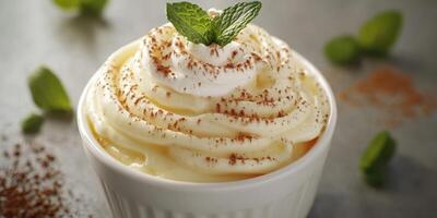 Delicious creamy dessert topped with whipped cream and mint leaves served in a cozy cafe setting photo