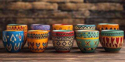 Colorful hand-painted ceramic cups arranged on a rustic wooden table in a well-lit indoor setting photo