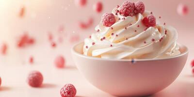 Delicious whipped cream topped with raspberry sprinkles in a bowl on a pastel background photo