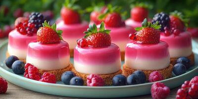 Delicious layered berry desserts on a plate surrounded by fresh fruits in a garden setting during daytime photo