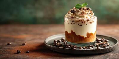 Decadent dessert featuring coffee layers and whipped cream garnished with mint on a rustic table photo
