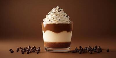 Decadent chocolate mousse dessert with whipped cream and chocolate shavings on a rich brown backdrop photo