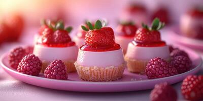 Delightful mini cheesecakes topped with fresh strawberries and raspberry sauce on a pastel pink plate photo