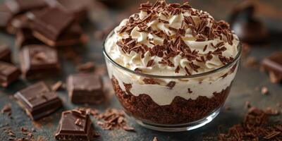 Delicious chocolate dessert topped with whipped cream and chocolate shavings sitting against a dark background photo