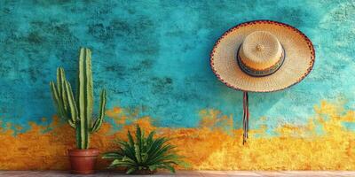Colorful wall with straw hat and cacti in outdoor setting, capturing the essence of a vibrant cultural atmosphere photo