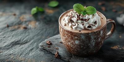 Hot chocolate topped with whipped cream and chocolate shavings served in a rustic mug on a dark stone background photo