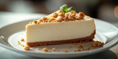 Delicious cheesecake slice topped with crunchy nuts served on a plate at a local dessert cafe in the afternoon photo