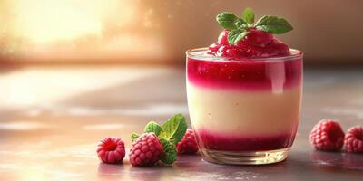 Delicious layered raspberry dessert served in a glass with mint leaves garnishing on a wooden surface at twilight photo