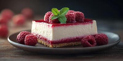 Delicious raspberry cheesecake with fresh berries and mint on a dark wooden table photo