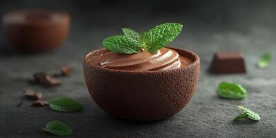 Decadent chocolate mousse served in a textured bowl with fresh mint leaves for garnish on a dark background photo