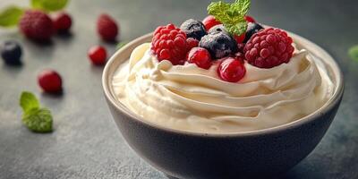 Delicious whipped cream dessert topped with fresh berries and mint on a dark background photo